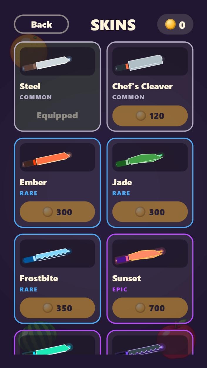 The Fruit Slice skins shop listing knives such as Steel, Chef's Cleaver, Ember and Jade with their prices in coins.