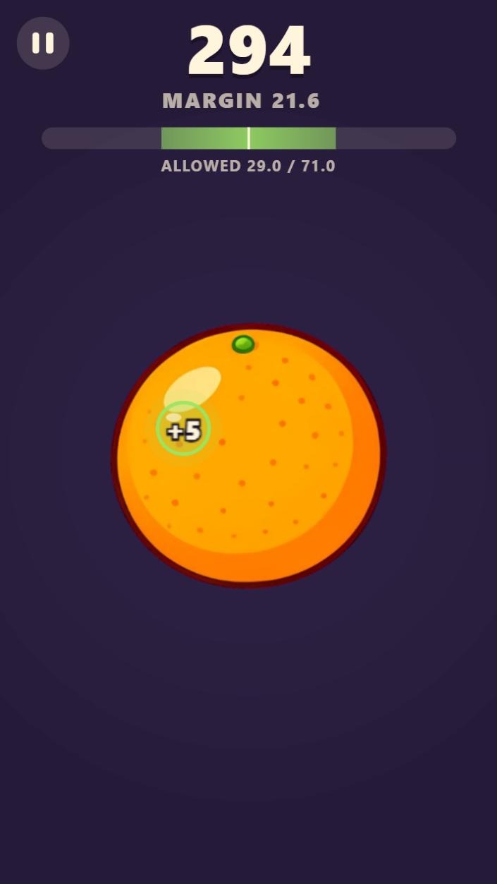 Fruit Slice in Survival mode: an orange with a green +5 bubble over it, a score of 294 and a margin of 21.6 shown above.